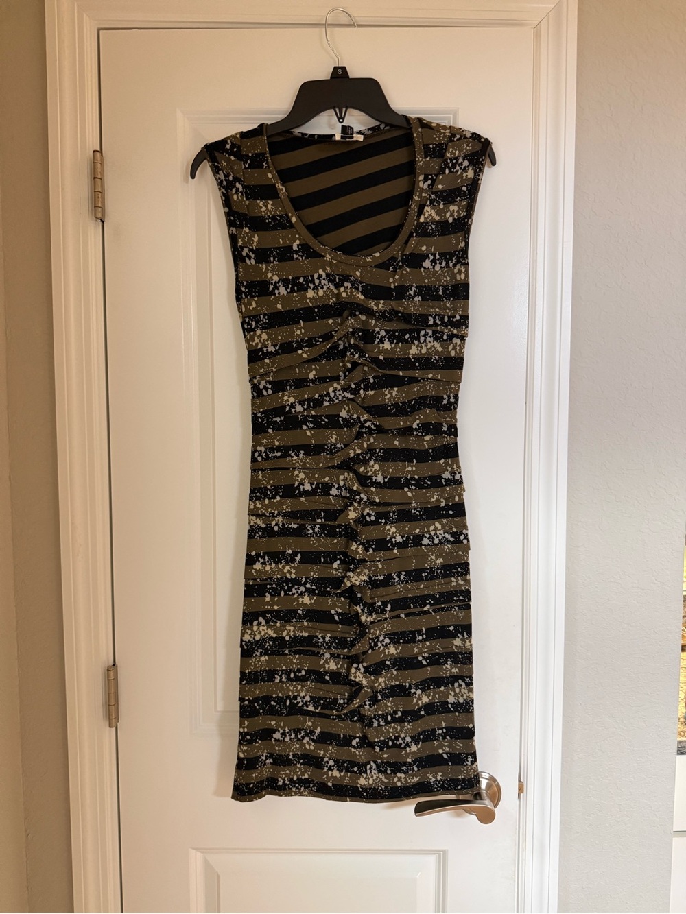 Nicole Miller Olive and Black Striped Ruched Midi Dress with Speckle Print